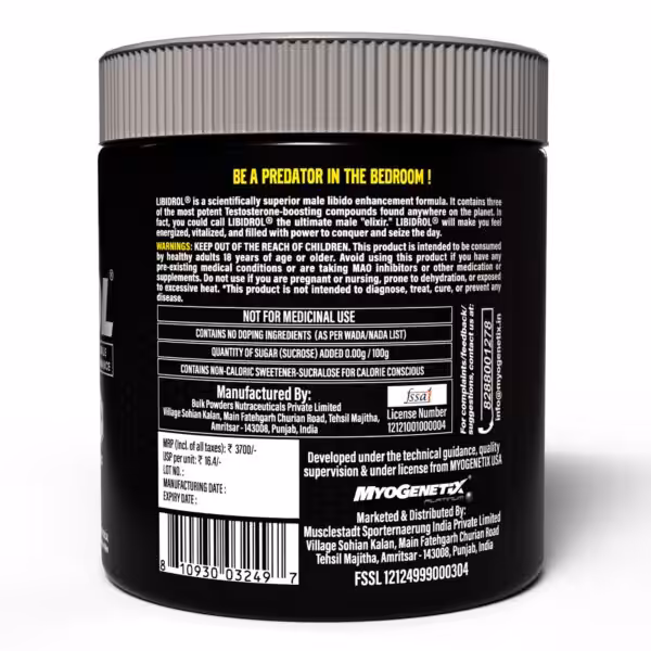 Back label of Libidrol male libido enhancement formula with warnings, manufacturing details, and contact information