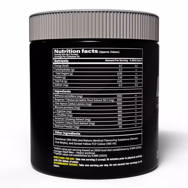Nutrition facts and ingredients label for a supplement. Key ingredients: Withania somnifera, Tribulus, and Vitex