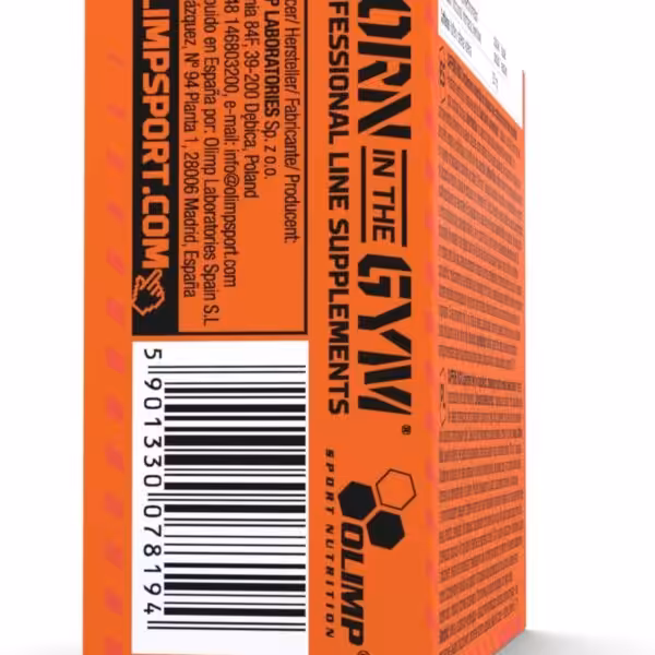 Side of Olimp Sport Nutrition box with website olimpsport.com, manufacturer info, and barcode 5901330078194