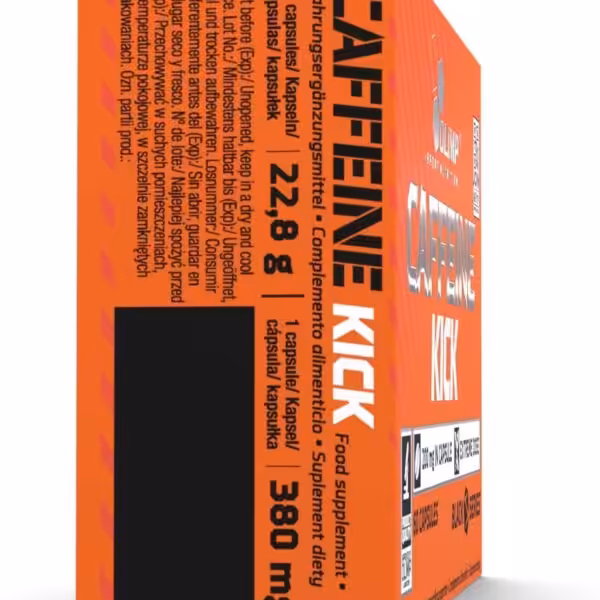 Olimp Caffeine Kick food supplement box showing 60 capsules and 380 mg per capsule