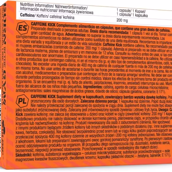Back of Caffeine Kick supplement box showing nutrition facts: 200 mg of caffeine per capsule, with text in Spanish and Polish