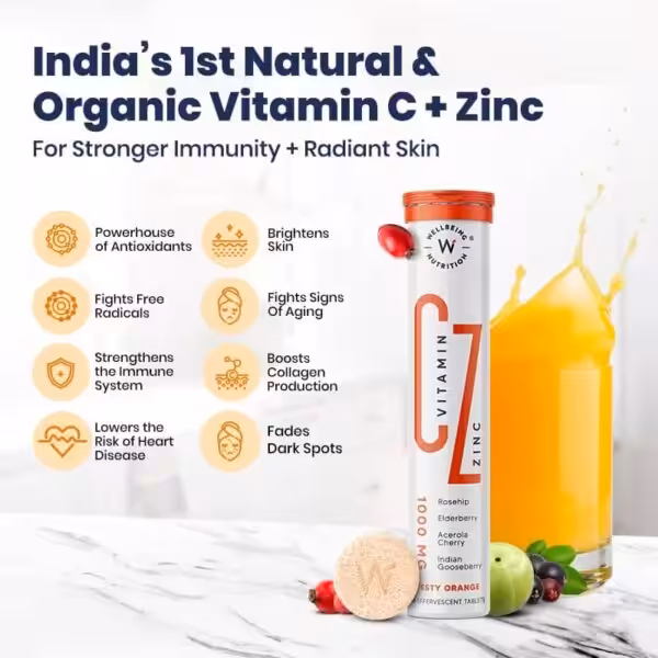 India's 1st Natural & Organic Vitamin C + Zinc for immunity and skin. Lists 8 benefits for health and skin radiance