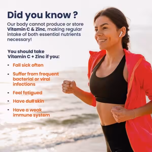 Vitamin C and Zinc are essential for immunity. Take them if you often feel sick or fatigued. A woman jogs on a beach