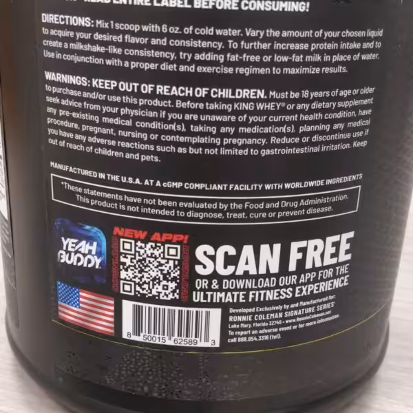 King Whey protein label with directions to mix 1 scoop with 6 oz of water, safety warnings, and a QR code for a fitness app