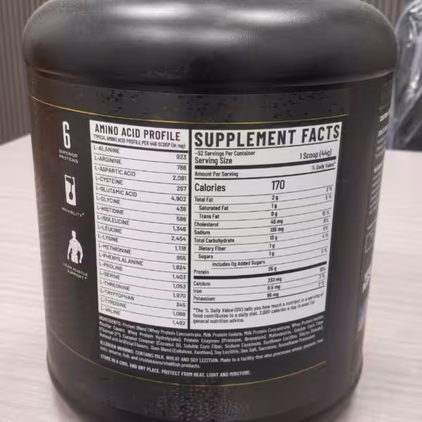 Supplement Facts and Amino Acid Profile label for a protein powder tub, showing 170 calories and 25g of protein per serving