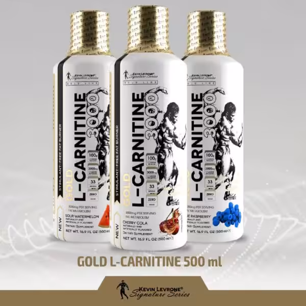 Kevin Levrone Gold L-Carnitine 3000 stimulant-free fat burner in watermelon, cherry cola, and blue raspberry flavors