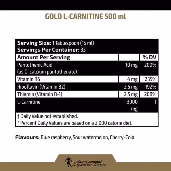 Supplement facts for Gold L-Carnitine 500 ml: 3000mg L-Carnitine and B vitamins per serving. 33 servings per container