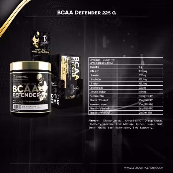 BCAA Defender 225 G supplement facts table showing BCAA 8:1:1, Citrulline, vitamins, and a list of available flavors
