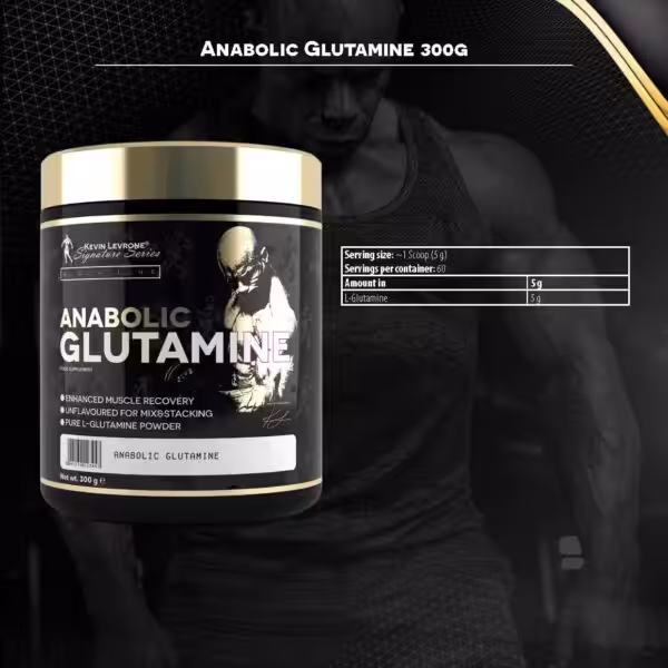 Kevin Levrone Anabolic Glutamine 300g. 5g L-Glutamine per serving, 60 servings. Unflavoured powder for muscle recovery