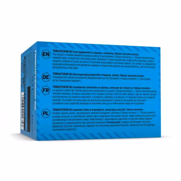 TRIBUSTERON 60 supplement box showing product descriptions in English, German, French, and Polish