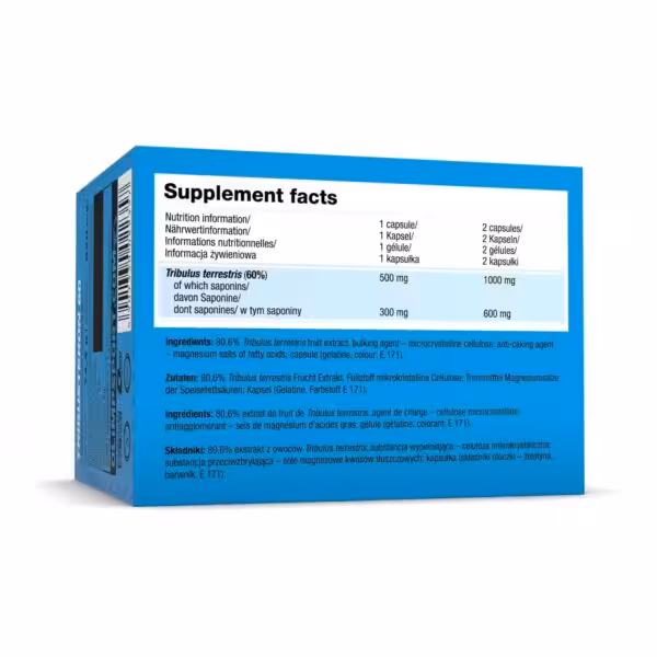 Supplement facts for Tribulus terrestris: 500mg extract (300mg saponins) per capsule. Ingredients: 80.6% fruit extract