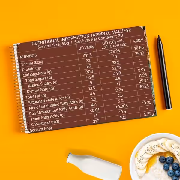 Nutritional information table for a 50g serving, listing energy, protein, carbs, sugars, fiber, fats, and sodium