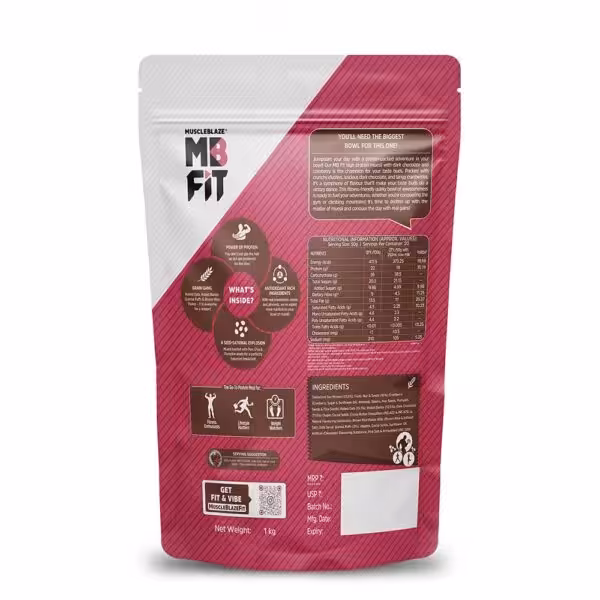 Back of MuscleBlaze MB FIT muesli bag showing nutritional information, ingredients, and product details