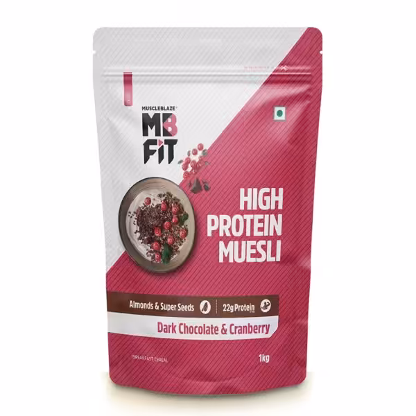 MuscleBlaze MB FIT High Protein Muesli, Dark Chocolate & Cranberry, 22g Protein, 1kg