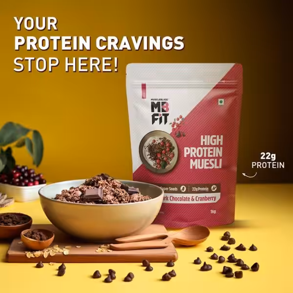 MuscleBlaze MB FIT High Protein Muesli, Dark Chocolate & Cranberry, 22g protein