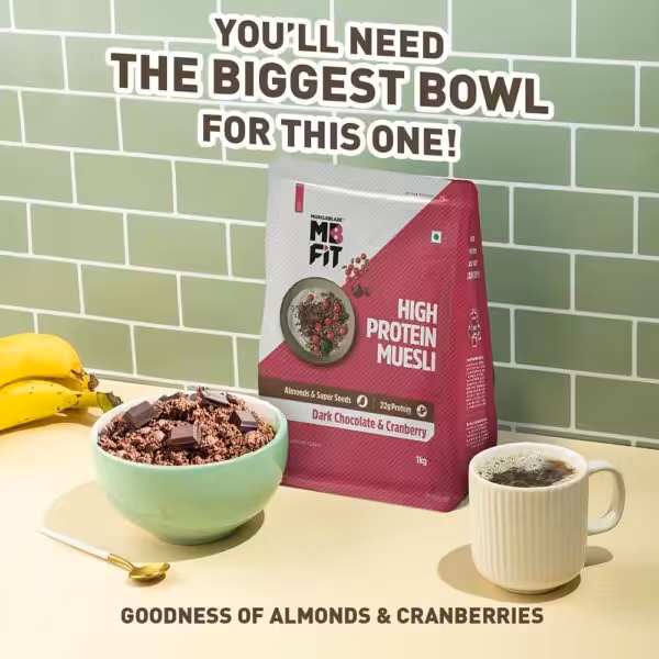 MuscleBlaze MB FIT High Protein Muesli, Dark Chocolate & Cranberry flavor with 22g protein, almonds, and super seeds