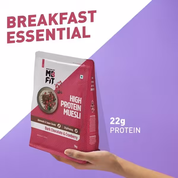 MuscleBlaze MB FIT High Protein Muesli, Dark Chocolate & Cranberry, 1kg bag with 22g protein