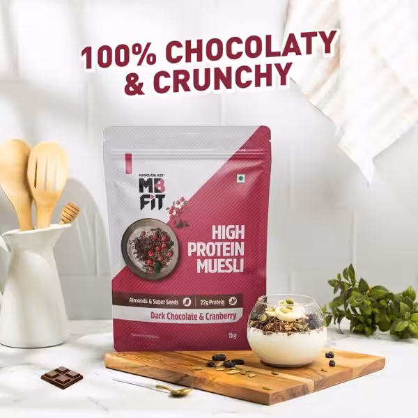 MB FIT High Protein Muesli, Dark Chocolate & Cranberry flavor. 100% chocolaty and crunchy with 22g protein