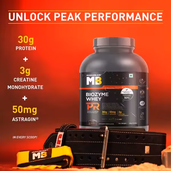 MuscleBlaze Biozyme Whey PR: 30g protein, 3g creatine monohydrate, and 50mg AstraGin in every scoop