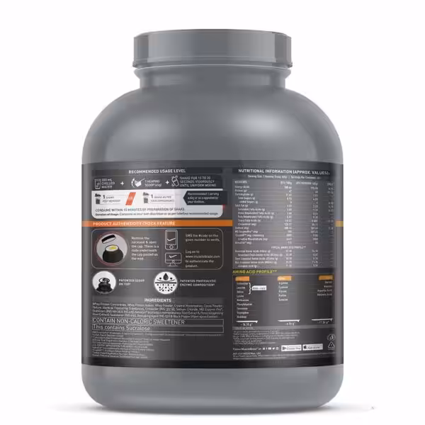 Back label of a protein powder container showing nutritional facts, amino acid profile, ingredients, and usage instructions