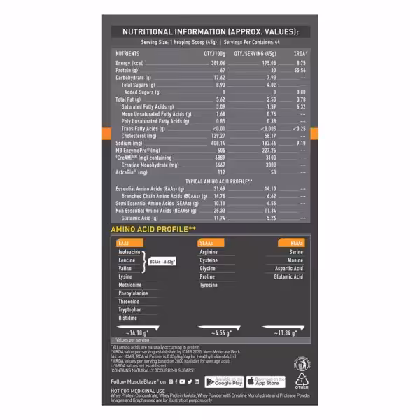 Nutritional information table showing 30g protein, 175.08 kcal, and amino acid profile per 45g serving