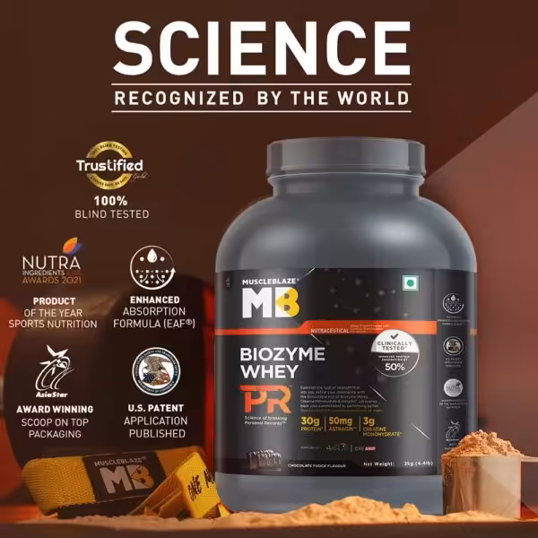 MuscleBlaze Biozyme Whey PR protein powder featuring 30g protein, 50% better absorption, and multiple industry awards