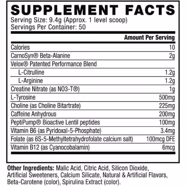 Supplement Facts: 50 servings per container, 10 calories, 2g Beta-Alanine, 200mg Caffeine, and other performance ingredients