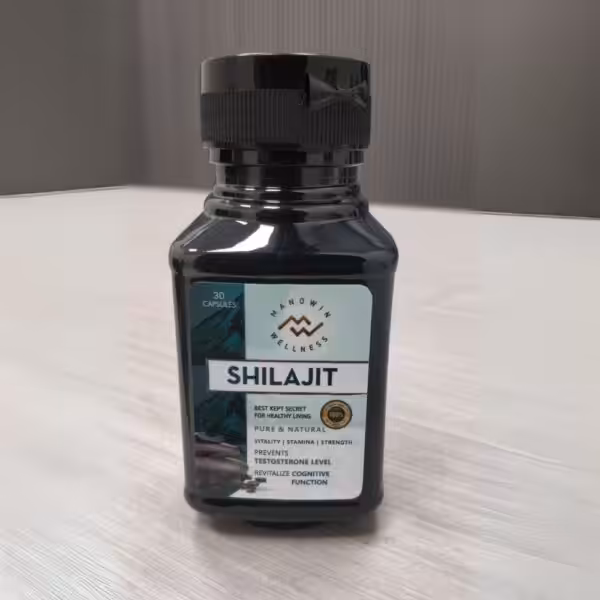 Bottle of Manowin Wellness Shilajit capsules, 30 count, for vitality, stamina, and strength