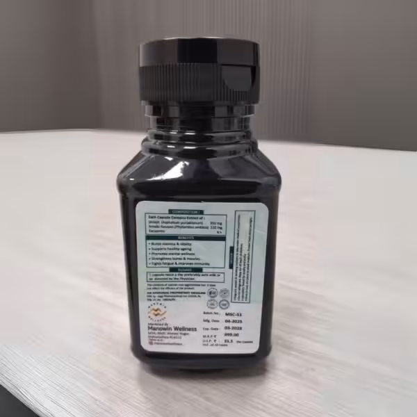 Manowin Wellness supplement label detailing ingredients, health benefits, dosage, and manufacturing information