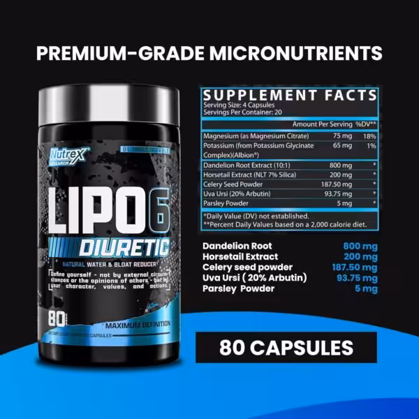 Nutrex LIPO6 Diuretic 80 capsules. Supplement facts include Dandelion Root 800mg, Horsetail 200mg, and Uva Ursi