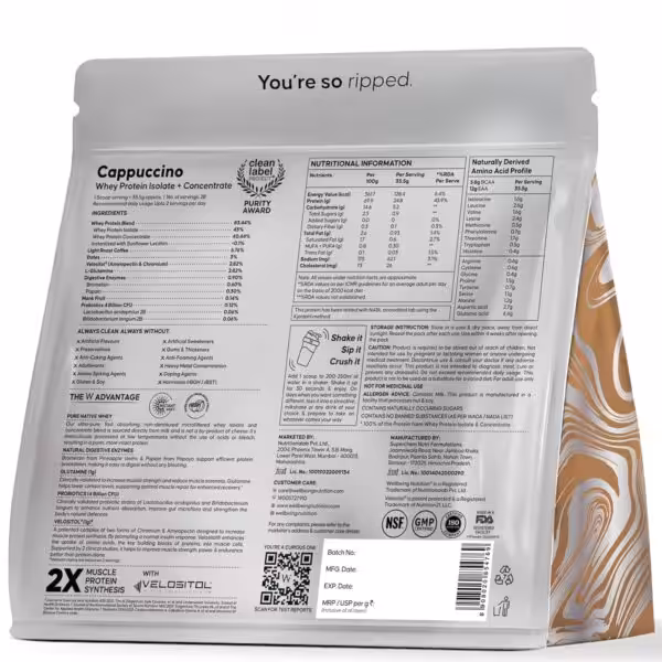 Nutritional facts, ingredients, and amino acid profile for Cappuccino Whey Protein Isolate + Concentrate
