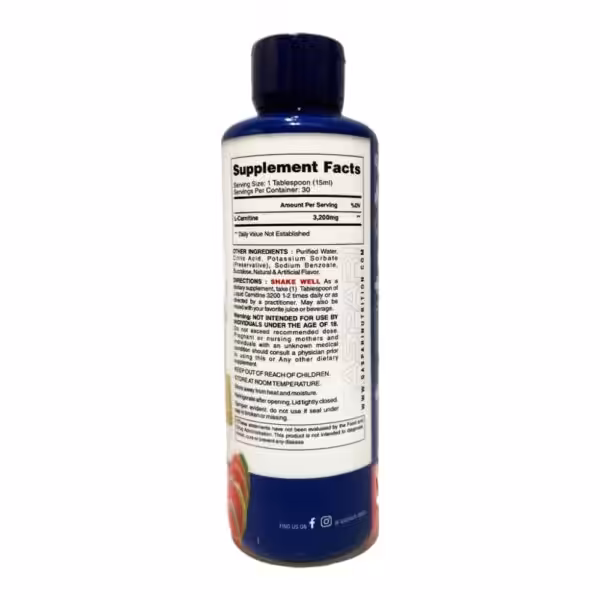 Supplement Facts label for L-Carnitine 3,200mg per 1 tablespoon serving, with 30 servings per container