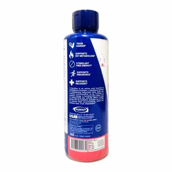 Gaspari Nutrition L-Carnitine bottle listing benefits for fat metabolism, energy, endurance, and recovery