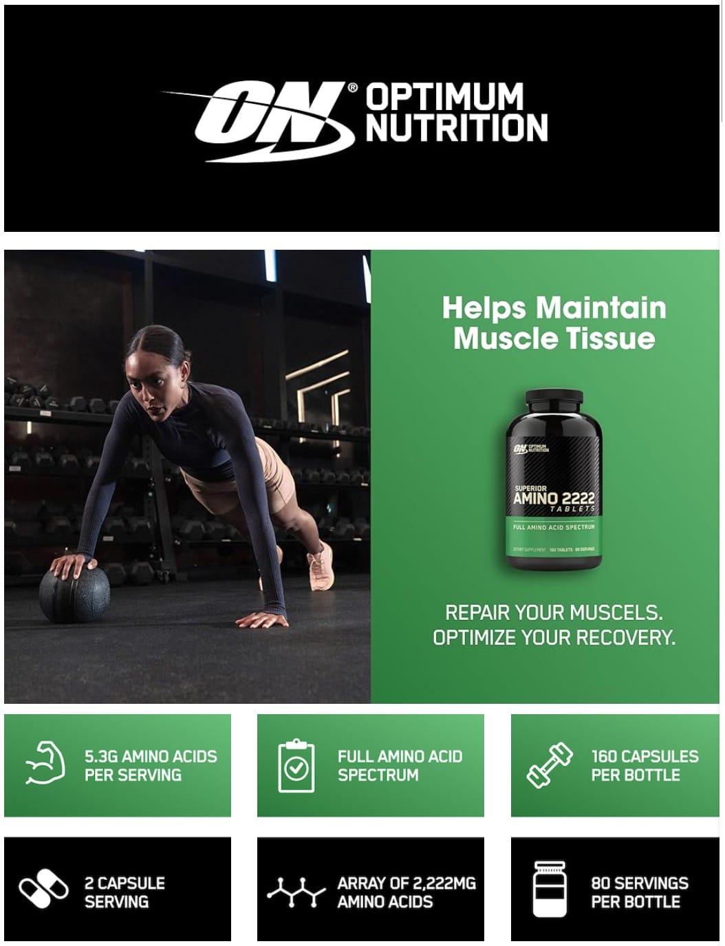 Optimum Nutrition Superior Amino 2222 Tablets, 160 Count 22 Optimum Nutrition Superior Amino 2222 Tablets, 160 Count