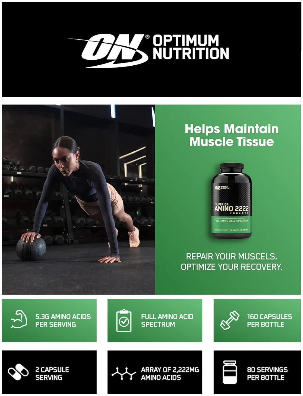 Optimum Nutrition Superior Amino 2222 Tablets, 160 Count 22 Optimum Nutrition Superior Amino 2222 Tablets, 160 Count