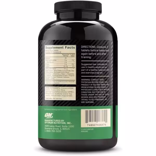 Supplement Facts and directions for Optimum Nutrition Amino 2222 tablets, including warnings and ingredients