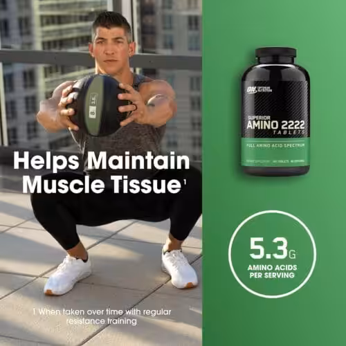 Man exercising next to Superior Amino 2222 Tablets. Helps maintain muscle tissue with 5.3g amino acids per serving