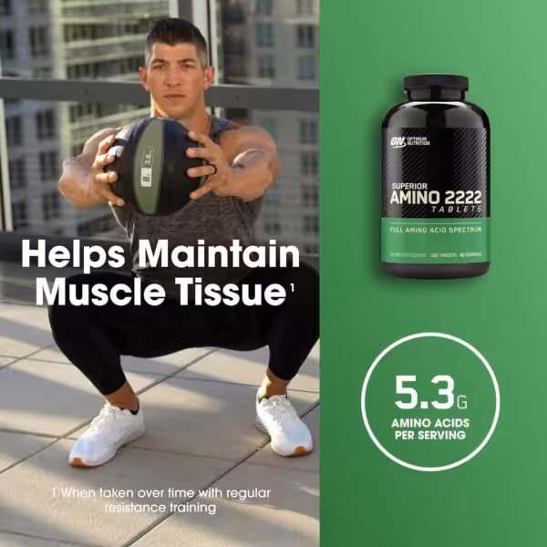 Man exercising next to Superior Amino 2222 Tablets. Helps maintain muscle tissue with 5.3g amino acids per serving