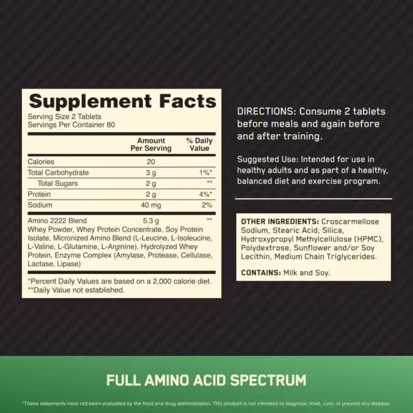 Supplement Facts: 2 tablets per serving, 20 calories, 2g protein, 5.3g Amino 2222 Blend. Contains milk and soy