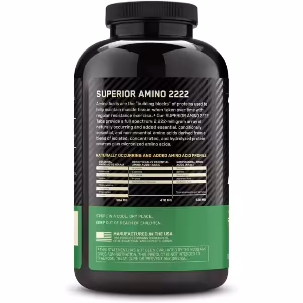 Superior Amino 2222 label showing a 2,222 mg amino acid profile with 984 mg EAAs, 410 mg CAAs, and 828 mg NAAs