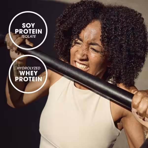 Woman straining during a workout with text: Soy Protein Isolate and Hydrolyzed Whey Protein