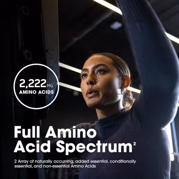 2,222 mg Amino Acids. Full Amino Acid Spectrum: naturally occurring, essential, conditionally essential, and non-essential