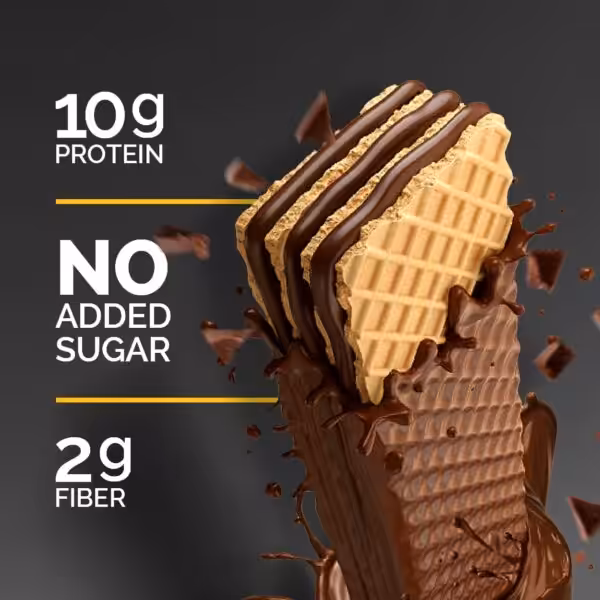 10g Protein, No Added Sugar, 2g Fiber. A chocolate-covered wafer bar