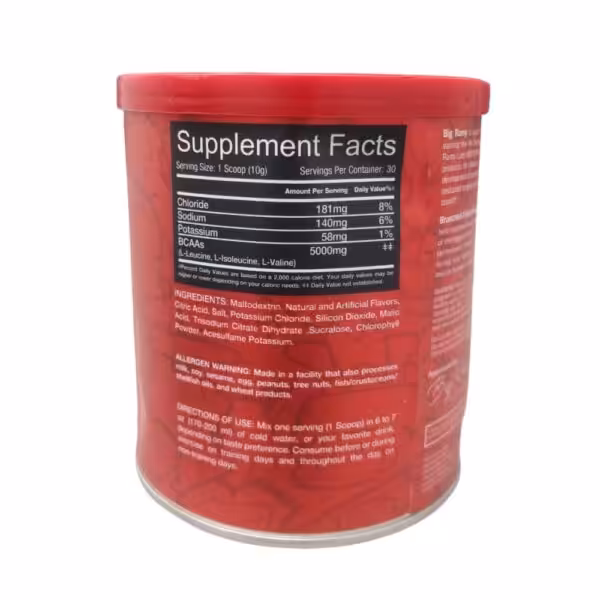 Supplement Facts label for a BCAA product listing 5000mg of BCAAs per 10g serving, ingredients, and allergen warnings
