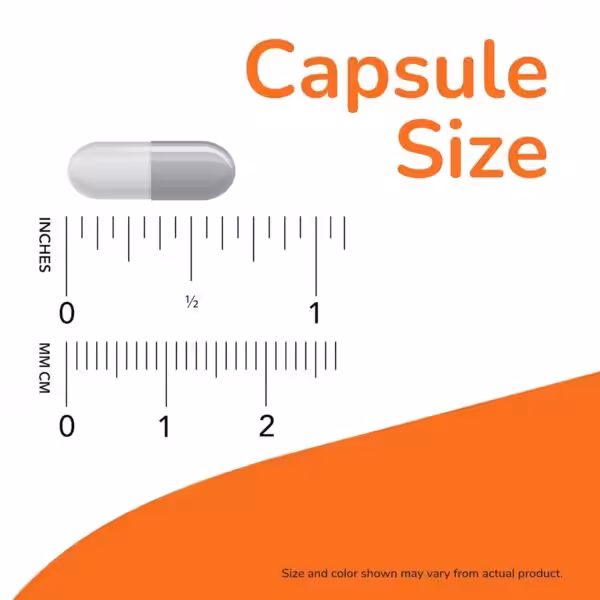 Capsule size diagram showing a capsule measuring approximately 0.75 inches or 20 mm long