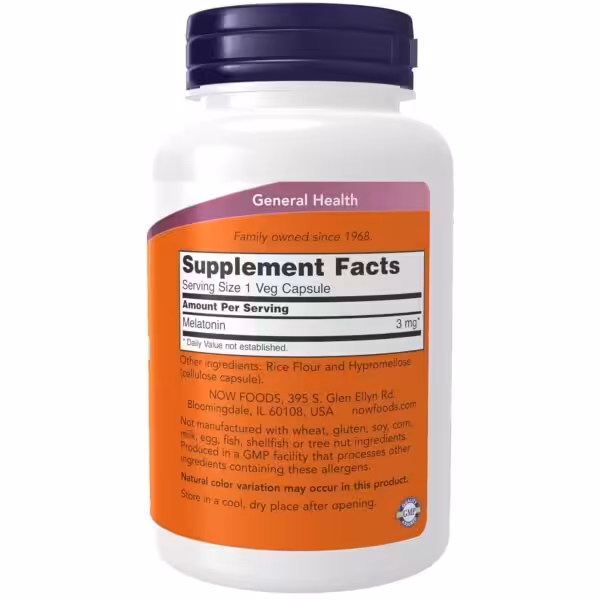 Supplement Facts for Melatonin 3 mg. Serving size 1 veg capsule. Other ingredients: rice flour and hypromellose