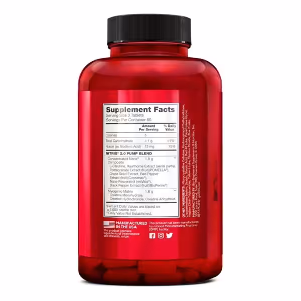 Supplement Facts for Nitrix 2.0: 3 tablets per serving, 60 servings. Contains Niacin, Pump Blend, and Myogenic Matrix