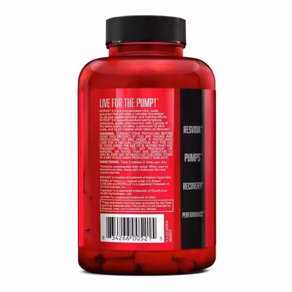 Back label of Nitrix 2.0 bottle with directions to take 3 tablets twice daily, warnings, and ingredient details