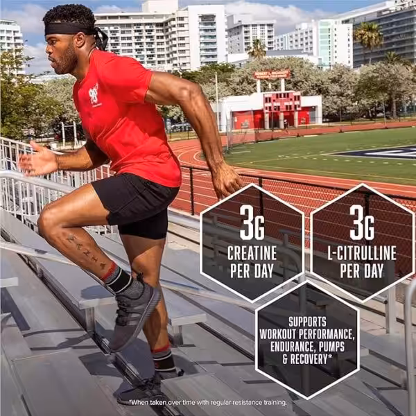 A man runs up stadium bleachers. Text: 3g Creatine and 3g L-Citrulline per day supports performance, endurance, and recovery