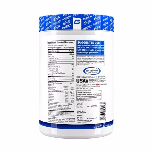 Nutritional facts, ingredients, and suggested use for Gaspari Nutrition Proven EAAs supplement